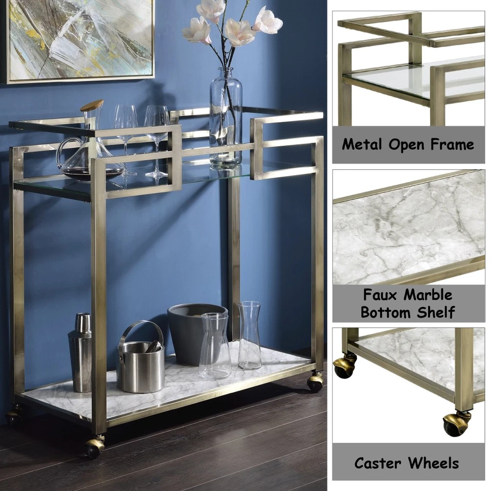 Neilo Brass-Accent Serving Cart Clear Glass Faux Marble Top - Image 3 of 4