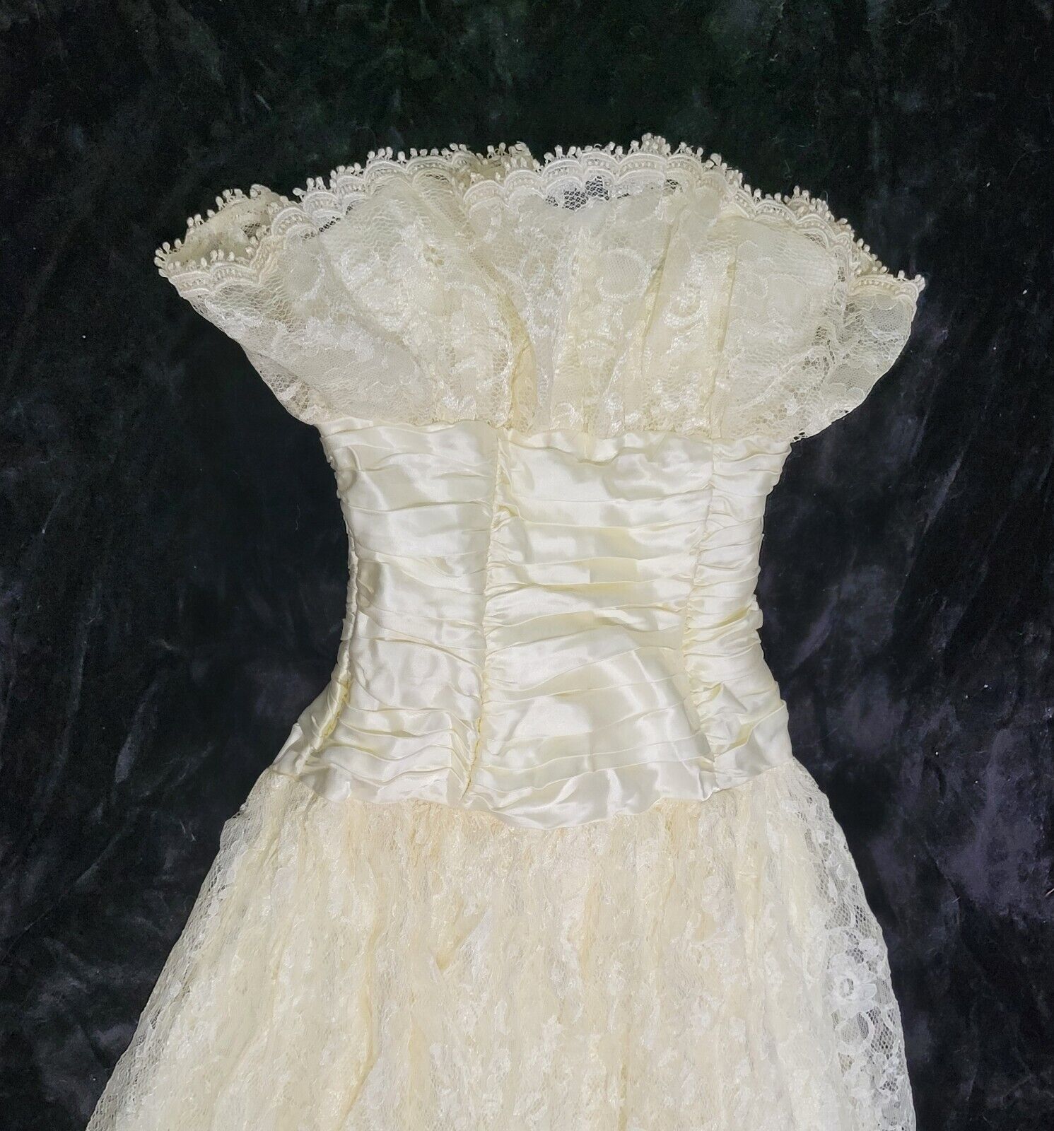 Vintage Scott McClintock Dress Wedding Beige Lace Ruffles Ruched Satin Bone Long