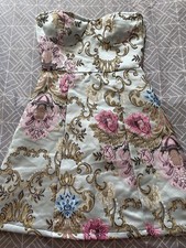 Womens Blue Floral Satin Strapless Mini Dress