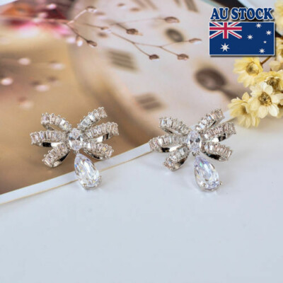 925 Sterling Silver Bowknot Elements Crystal Dangle Drop Stud Stunning Earrings