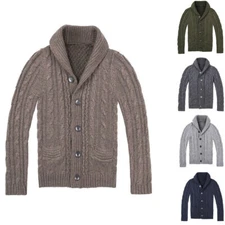 Men Single-Breasted Cardigan Thick Cable Knit Shawl Neck Warm Sweater Jumper Top
