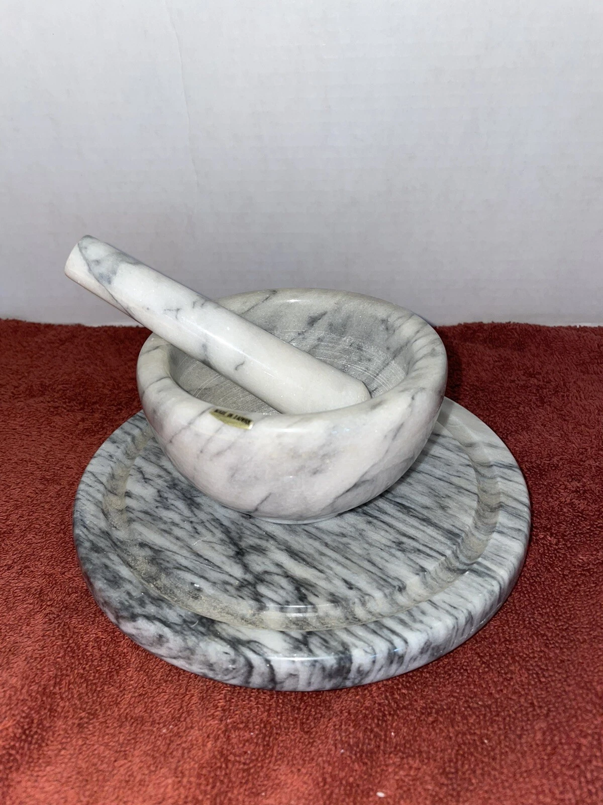 VINTAGE LARGE GRAY VEINED MARBLE MORTAR & PESTLE W/ STAND FOR HERBS AND COOKING
