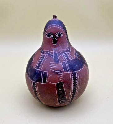 Vintage einheimischer Kunsthandwerk verzierter handgeschnitzter peruanischer Kürbis Geschenkidee sehr guter Zustand Samen
