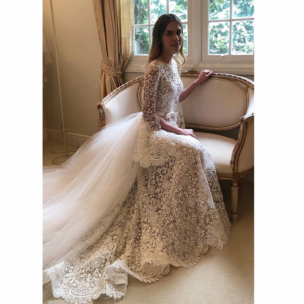 chinese dress ladies Half Sleeve Wedding Dress Elegant Romantic Lace Bridal Gown WD424 US10 / White main image 1