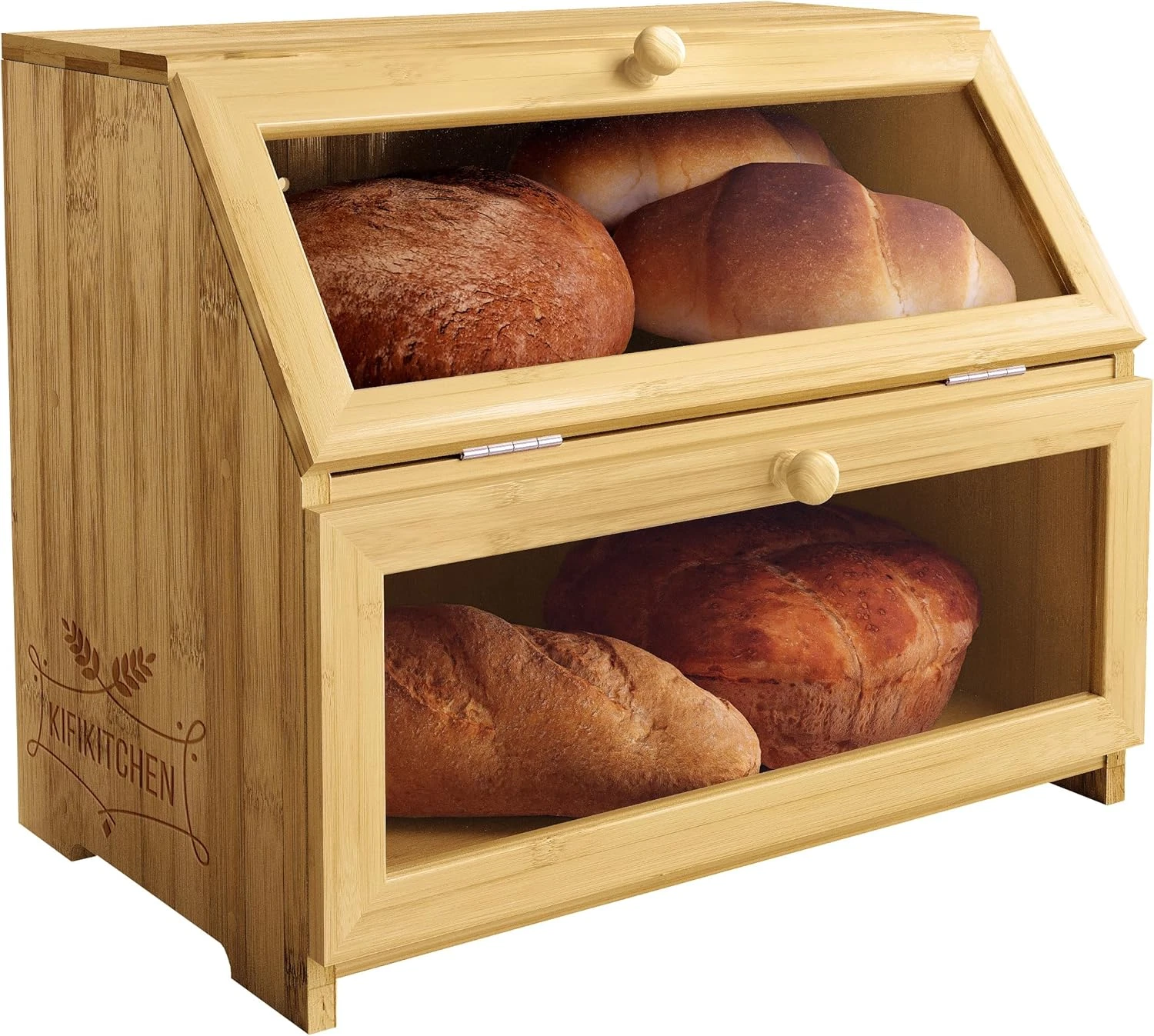 Rustic Bamboo Bread Box - Space-Saving 2-Tier Bin for Baked Goods 15x9.8 Inches