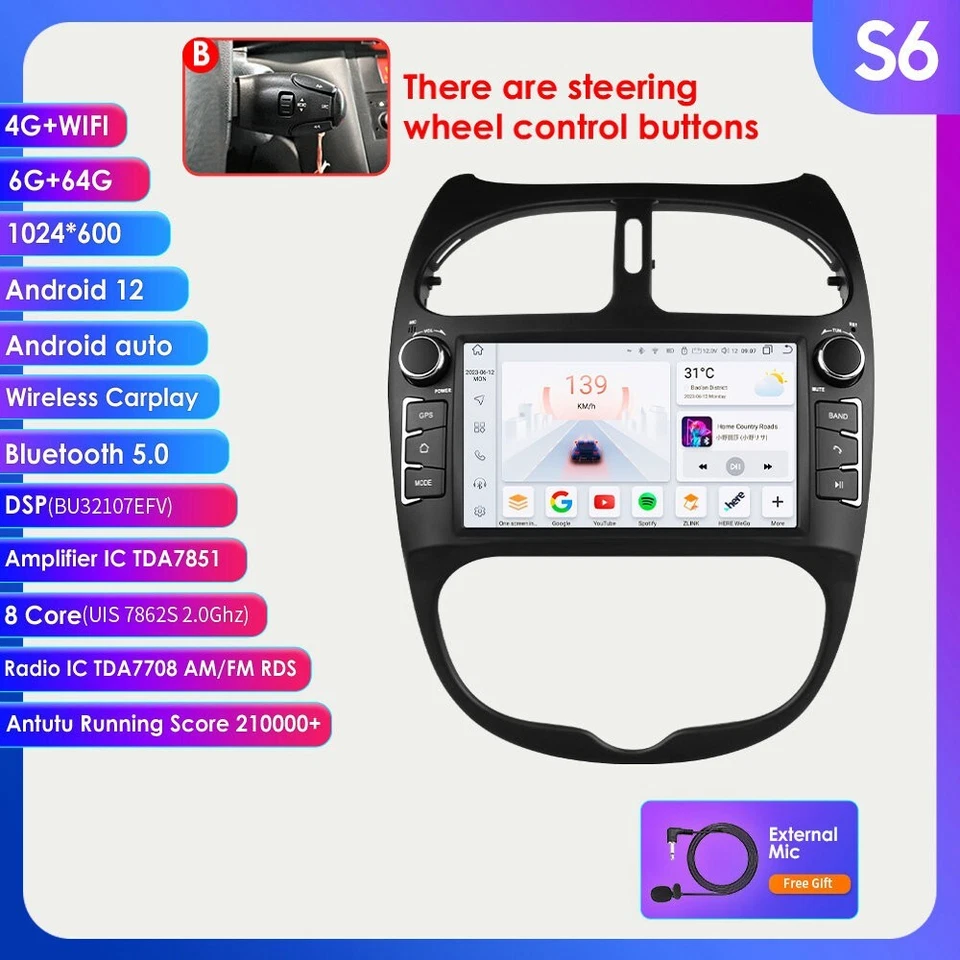 Radio estéreo coche 7" Android 12 Carplay para Peugeot 206 2000-2008 GPS 8 núcleos 6+64 GB Foto 2 de 4