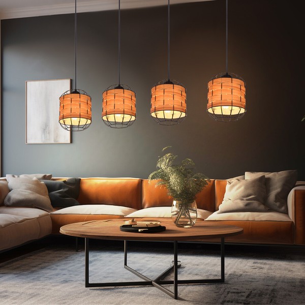 HäNgeleuchte Esszimmerlampe Pendelleuchte Gitter Schwarz 4X Flammig Holzoptik-image
