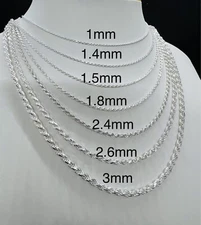 925 Sterling Silver Men's Women's Rope chain Necklace 1mm-3mm 16"-30" Italy
