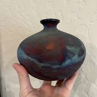 Handmade Studio Pottery Raku Vase   Iridescent Metallic Glaze 6''   Signed SB