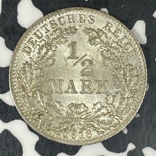 1916-D Germany 1/2 Mark Half Mark Lot#C8563 Silver! High Grade! Beautiful!
