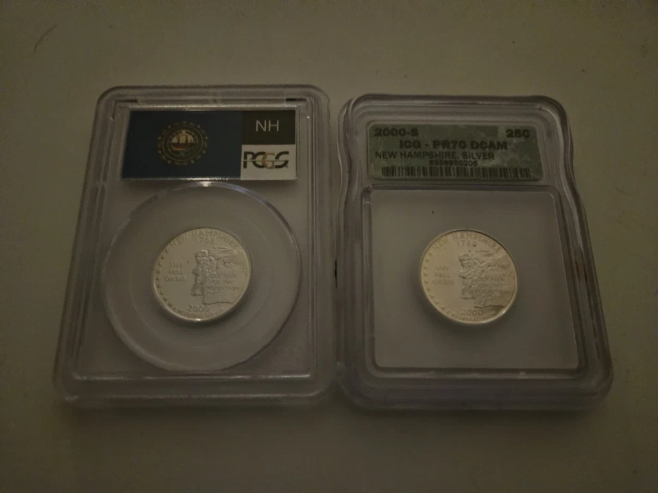 2- 2000-S Proof SILVER New Hampshire State Quarters 1-ICG PR70DC, 1-PCGS PR69DC - Image 3 of 4