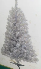 POLYTREE ~ 4FT Pre-Lit  Silver Holographic Artificial Tinsel Christmas Tree  NEW