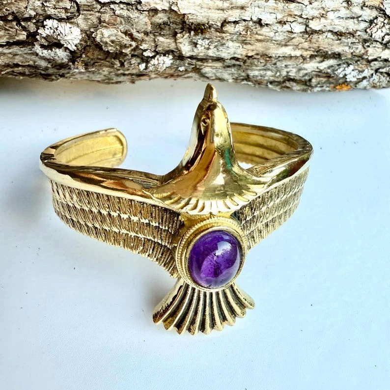 925 Silver&Gold Plated Eagle With Amethyst Gemstone Wildlife Unisex Cuff Bangle - Image 2 of 4