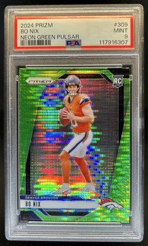 2024 Panini Prizm Bo Nix RC Neon Green Pulsar Rookie #309 Broncos PSA 9