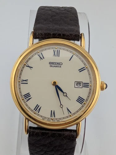 Seiko Watch Men 34mm Gold Case Brown Leather Band 7N29-8A09 New Battery