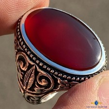 Antique Red Yemeni Aqeeq Agate Vintage Engraved Artisan 925 Silver Men's Ring