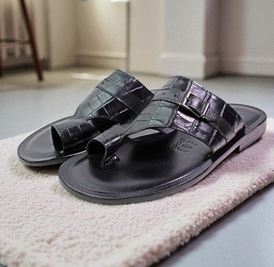 Leather Italian Sandals Mens Black Genuine Leather Slip on Shoes