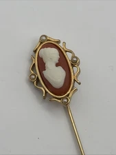Vintage Avon Cameo Stick Pin Brooch, Gold Tone Faux Pearl Lady Portrait Estate