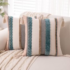Boho Throw Pillow Covers 18x18 Set of 2 Woven Tufted 18" x 18" Pack of 2 Blue