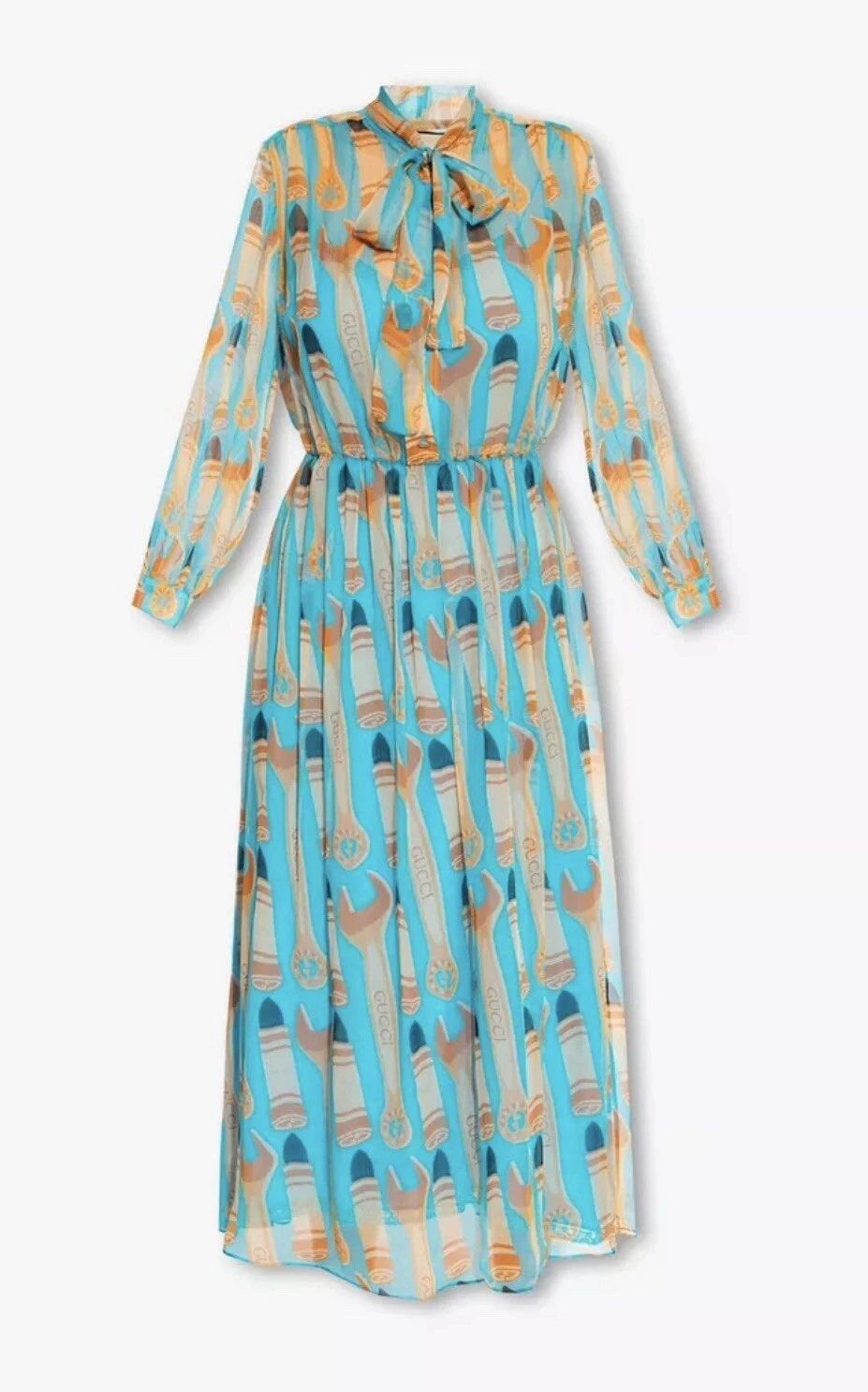 Abito midi Gucci in seta con stampa rossetto e attrezzi