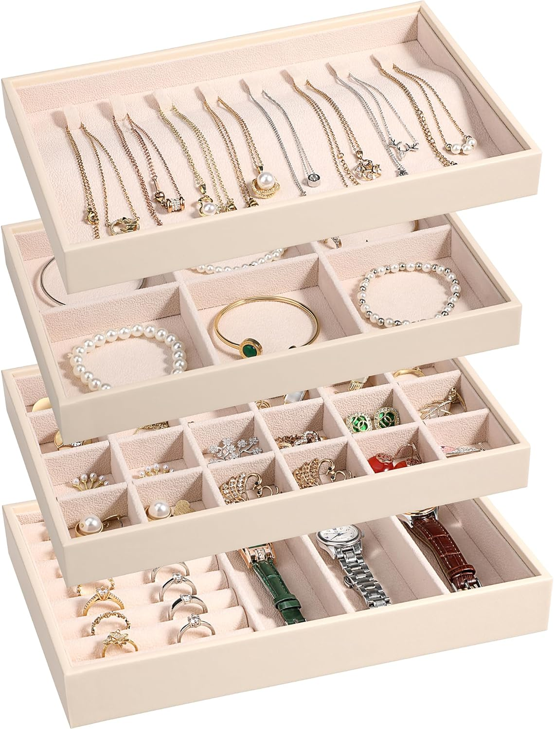 4-Piece Stackable PU Leather Jewelry Organizer Drawer Trays for Storage-image