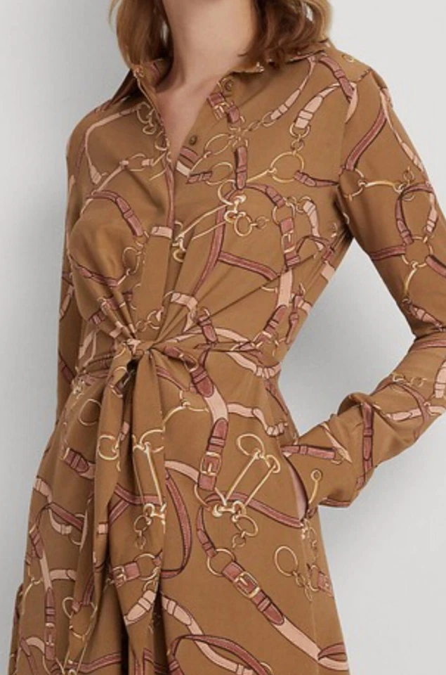 Ralph Lauren Black Label Tan Belting Print Tie Front Crepe Shirt DressSize 4 - Image 4 of 4