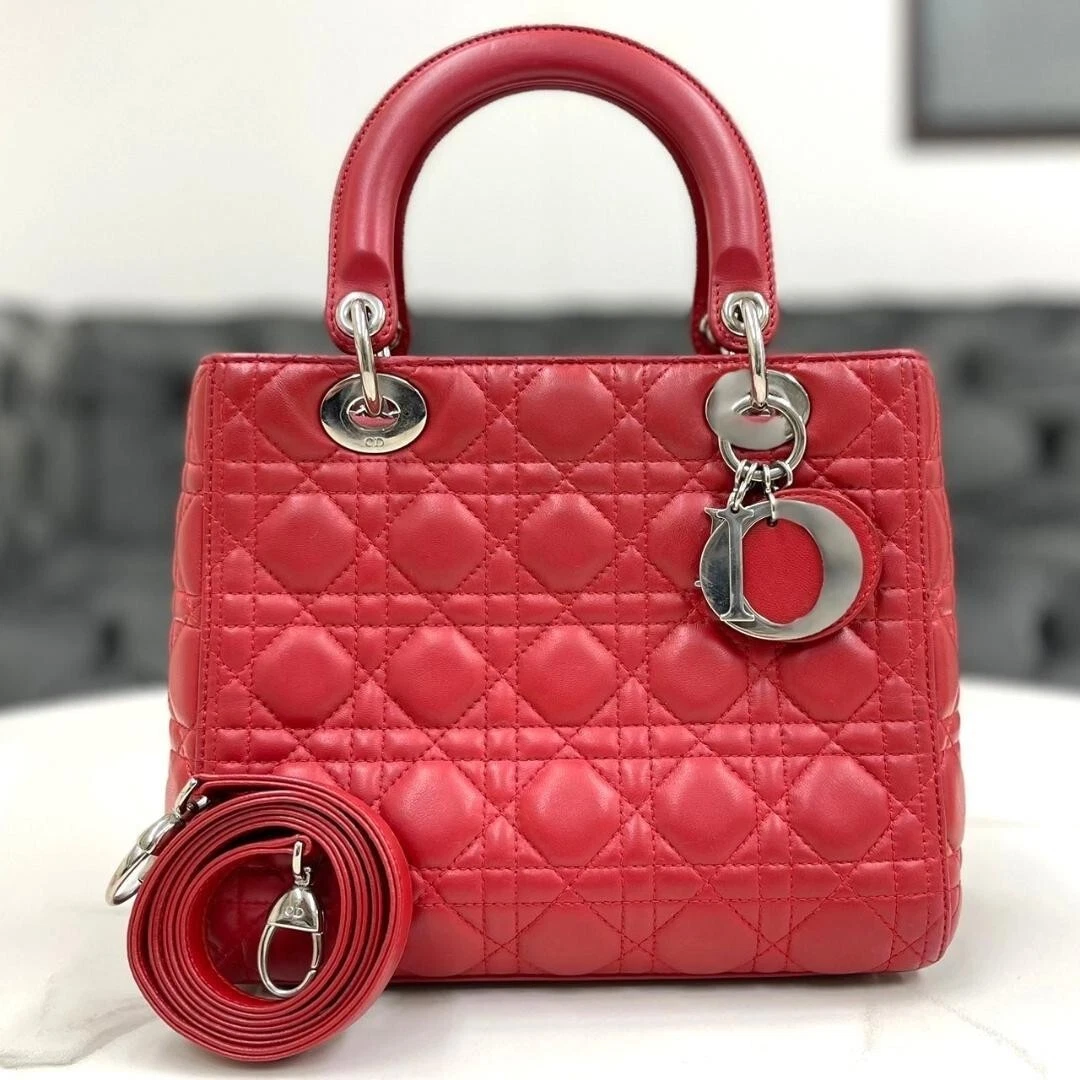 Sac à main Dior Lady Dior cannage rouge peau d'agneau 2 voies sac bandoulière cuir JPN
