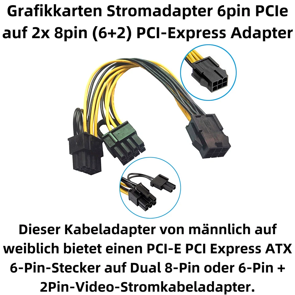 R01 6 pin PCIe auf 2x 8pin (6+2) Grafikkarte Stromkabel PCI-Express Adapter 18cm - Bild 2 von 4