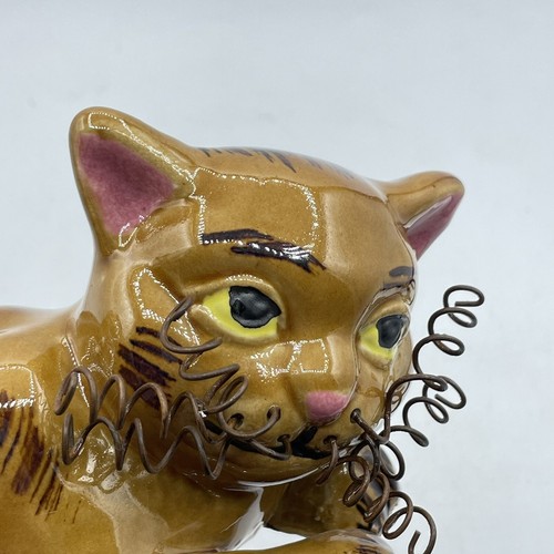 Ceramic Tan Striped Tabby Cat Whimsical Figurine Statue Curly Wire Whiskers - Picture 8 of 12