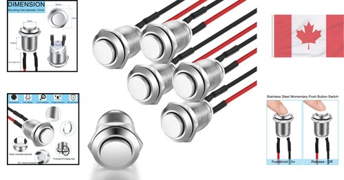 IP65 Rated Push Button Switch - 5 Pcs 12mm Stainless Steel Momentary Type - Bild 2 von 12