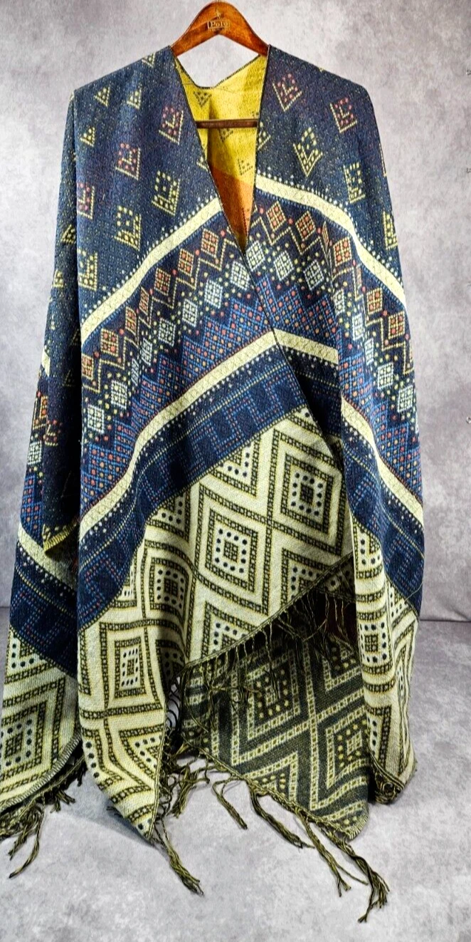Women Shawl Wrap Open Front Cardigan Sweater Coat Reversible Ponch Gift Blue