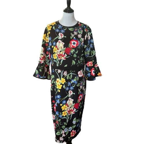 New York & Co Blumen Kleid Damen XL bunt ausgestellt Glockenärmel Stretch feminin