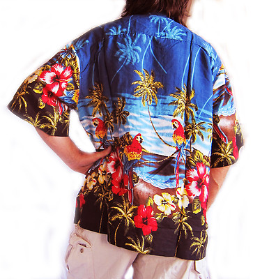 Chemise Hawaïenne – Motif Couchers De Soleil, Hibiscus, Cerfs – Taille Regular – Bleu – Neuf Sans étiquette