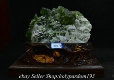 12.4" Chinese Natural Green Xiu Jade Carved Mountain Tree House Statue