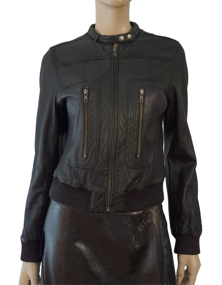 Chaqueta de bombardero JOIE talla S Danica negra de cuero de cordero para moto Foto 3 de 4