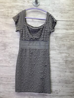 Max Studio Dress Womens L Gray Ruffle Short Sleeve Stretch Midi