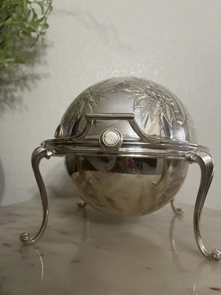 Antiguo calentador de alimentos con tapa enrollable domo plateado - diseño de calabaza/corona (raro) Foto 3 de 4