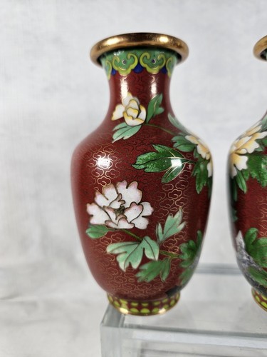 Vintage Chinese Asian Cloisonne Enamel vase urn Flowers Pair Set Lot - Picture 4 of 9