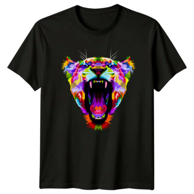 Bunter Löwe brüllt Katze Tiere Herren T-Shirt Damen Grafik Tee Unisex Top