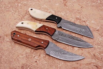 8'' Custom Handmade Damascus Steel Skinner Hunting Knives, Camel Bone/Buffalo
