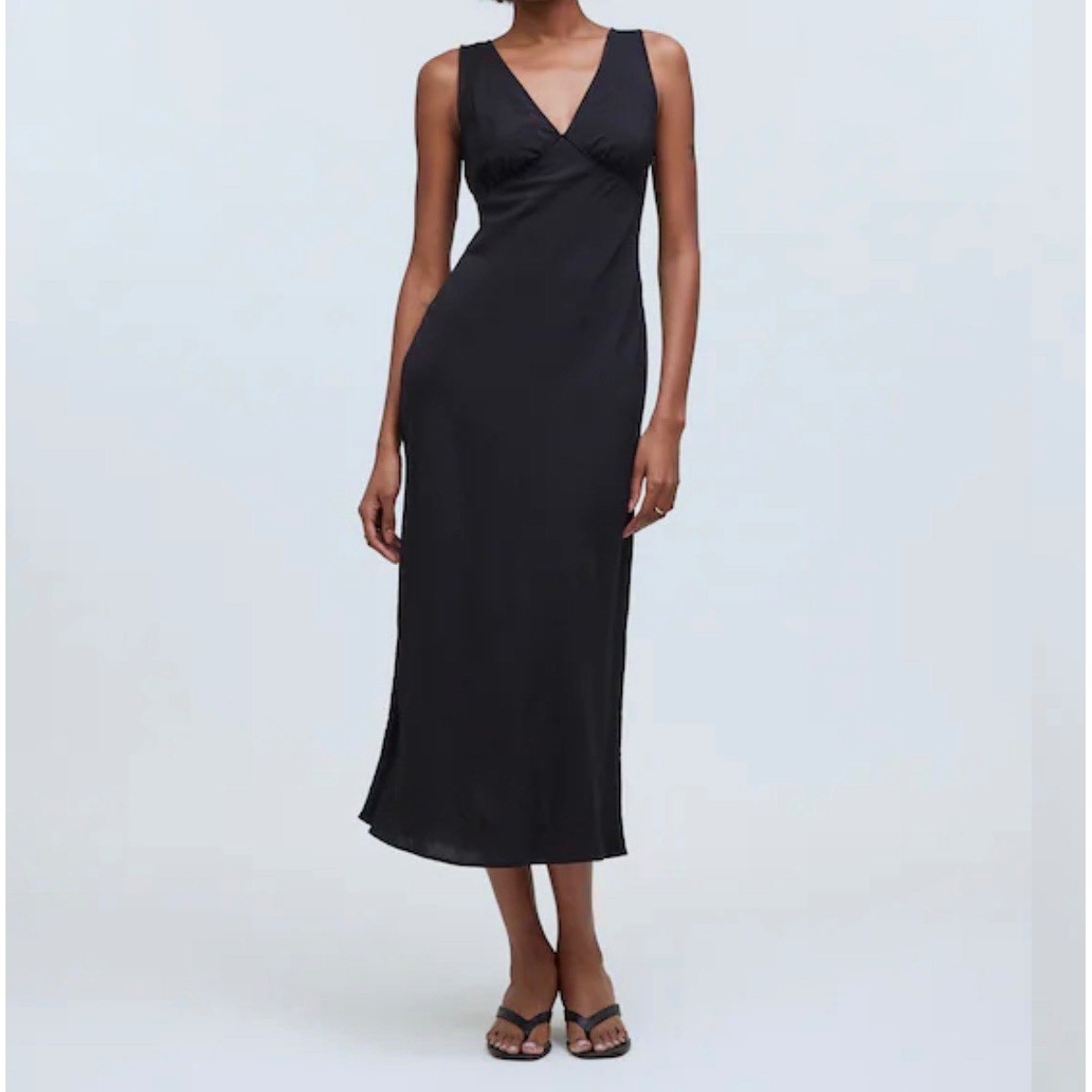 Madewell Midi Dress Women's 0 Black V-Neck Sleeveless Textured LBD Ariana Dress