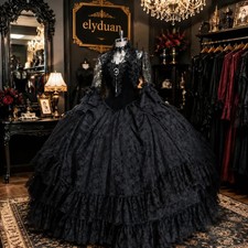 Black Victorian Prom Dresses Puffy Sleeves Ruffles Vintage Medieval Evening Gown