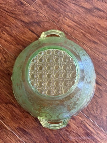 Vintage LANCASTER GLASS Debra Depression Green Glass Bowl w/ Handles 9"