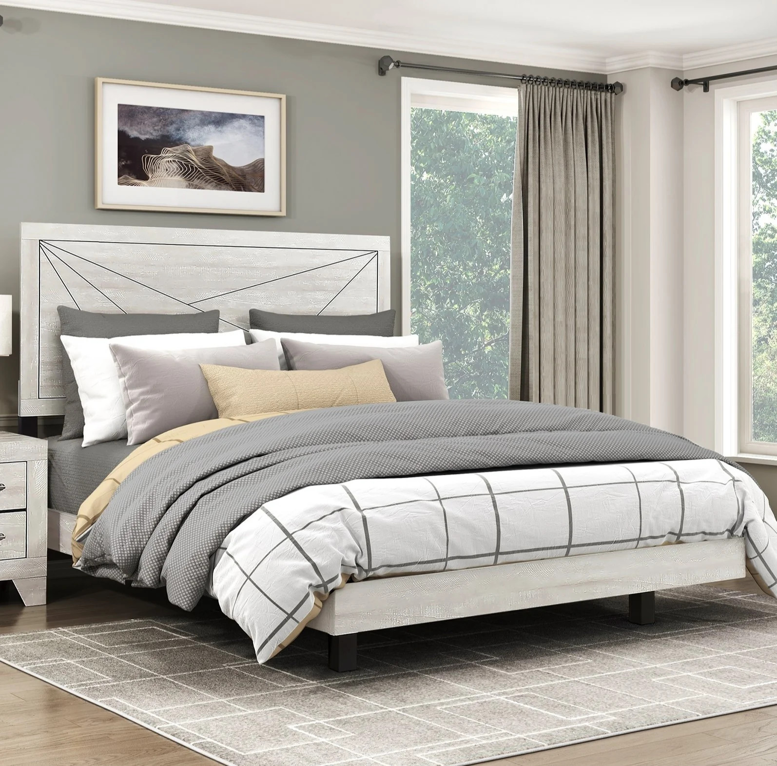 Contemporary Gray Oak Queen Bed | Durable Wood Furniture Lin