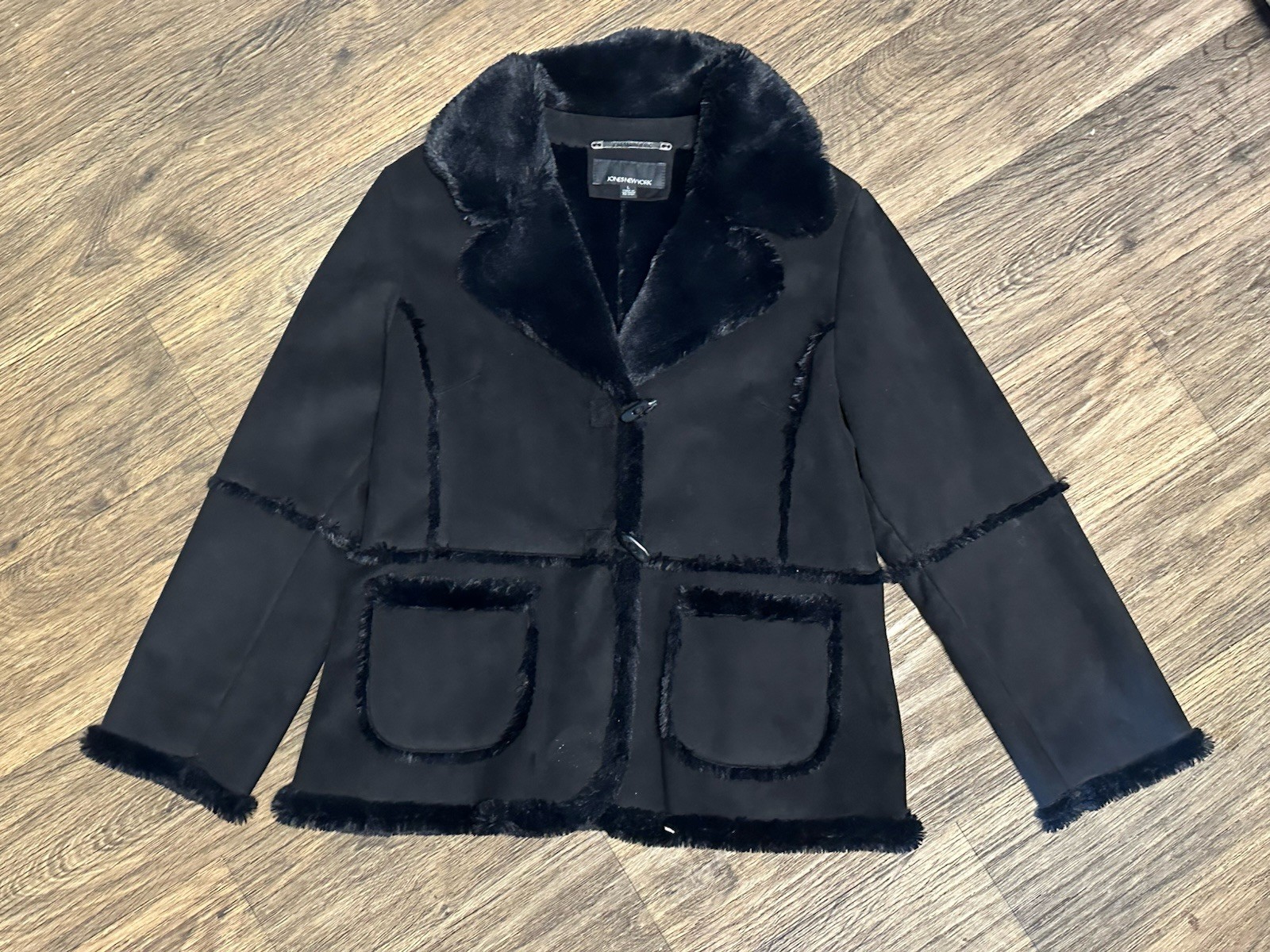 Jones New York Women’s Parka Faux Fur Coat Medium Black Button Up