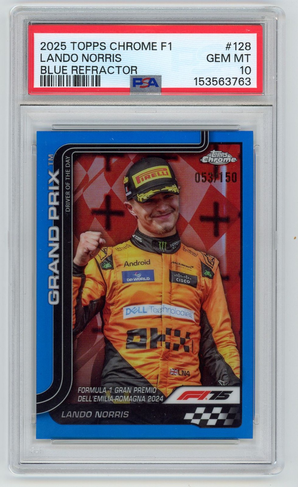2025 Topps Chrome Lando Norris Formula 1 Blue Refractor  053/150 PSA 10 McLaren