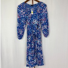 Talbots Floral Print Dress Smocked Neck Tie Waist Long Sleeve Blue M