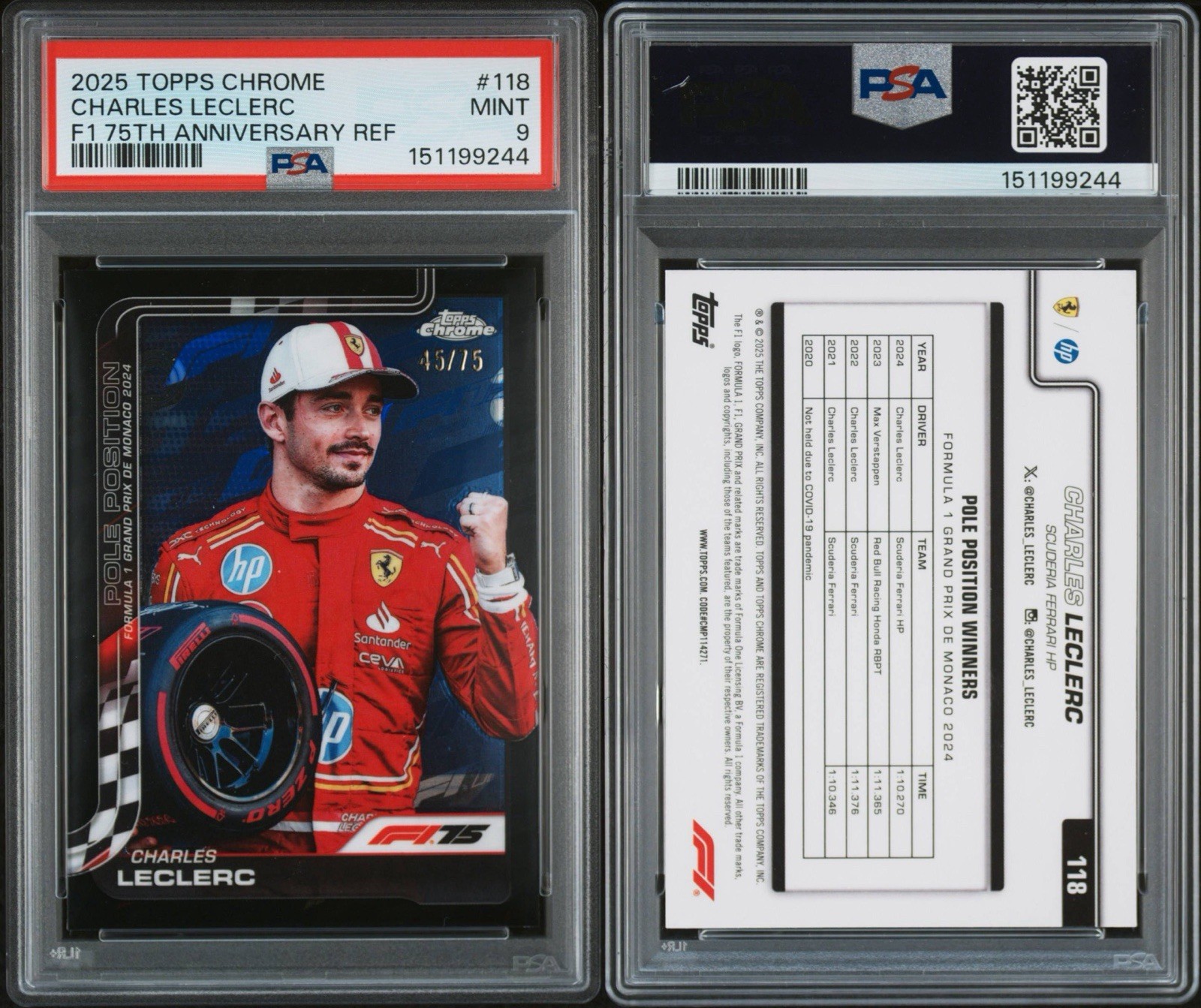 2025 Topps Chrome F1 Charles Leclerc 75th Anniversary Refractor /75 PSA 9 #118 view 3