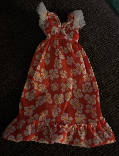 Barbie *SEARS” vtg 70s Doll Outfit 9006 Red Hawaiian Floral Maxi Dress **READ