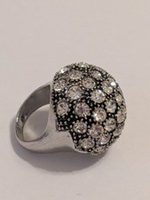 Dome Silver Tone With Pave Set Rhinestones Statement Ring Size 6. Modern.